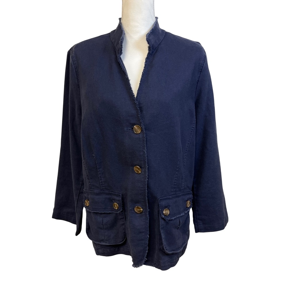 Linen Utility Blazer Jacket XL Old Navy Blue Raw Edge Coastal Utility Chore Work